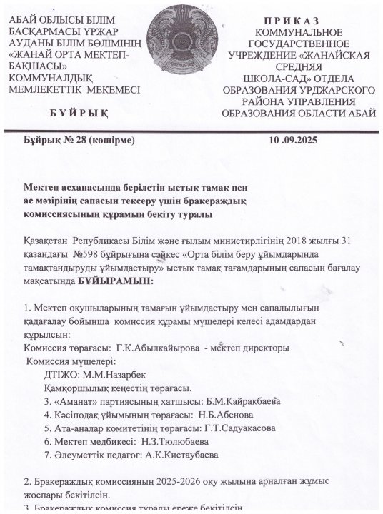 Мектеп асханасында  берілетін ыстық тамақ пен ас мәзірінің сапасын тексеру үшін бракераждық  комиссиясының құрамын бекіту туралы бұйрық
