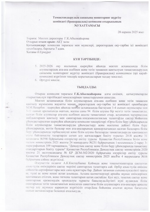 Тамақтандырудың сапасына мониторинг жүргізу жөніндегі (бракераждық) комиссия отырысының ХАТТАМАСЫ