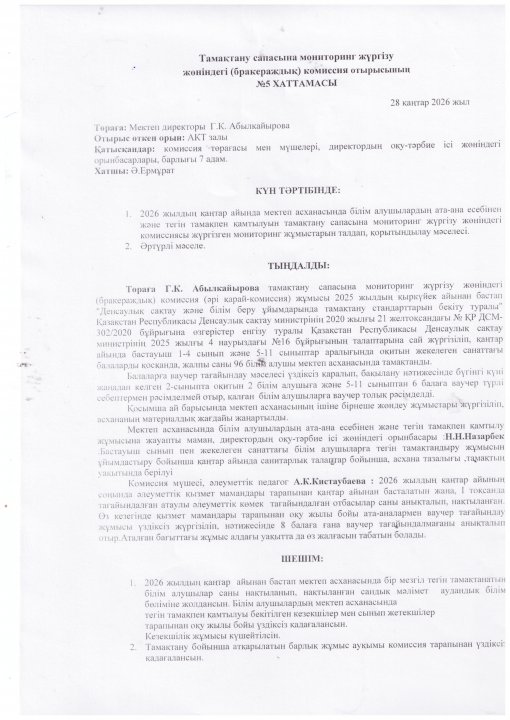Тамақтандырудың сапасына мониторинг жүргізу жөніндегі (бракераждық) комиссия отырысының ХАТТАМАСЫ