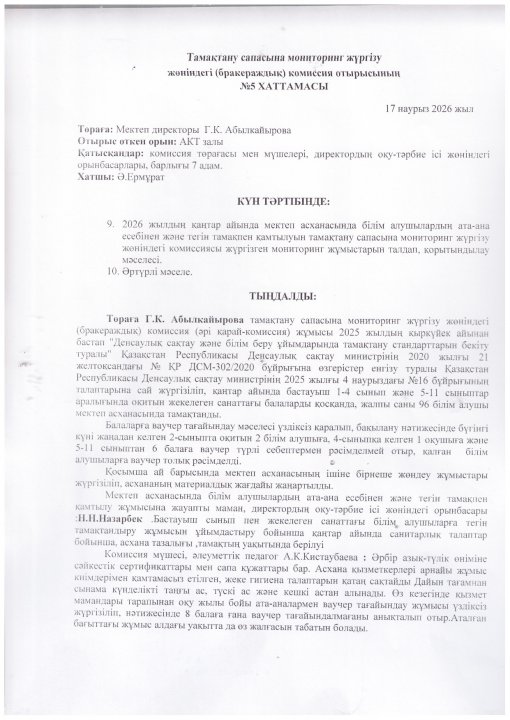 Тамақтану сапасына мониторинг жүргізу  ХАТТАМА